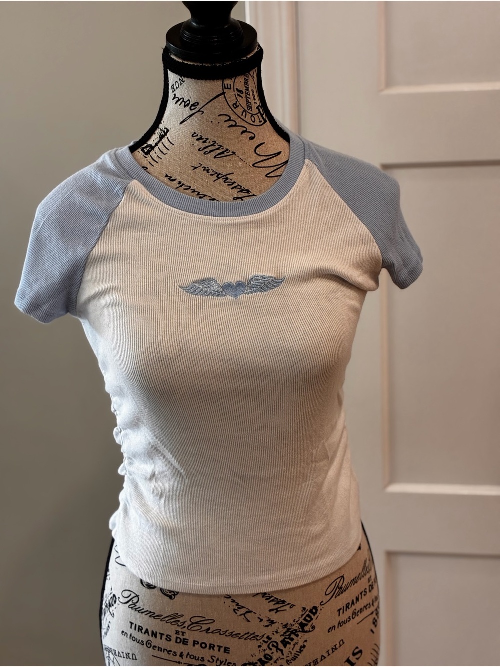 No Boundaries Ribbed Cropped Raglan Tee - Light Blue & Cream